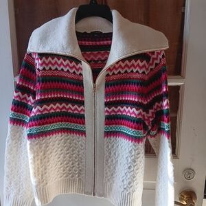 Talbots Women's Red and Green Patterned Cardigan